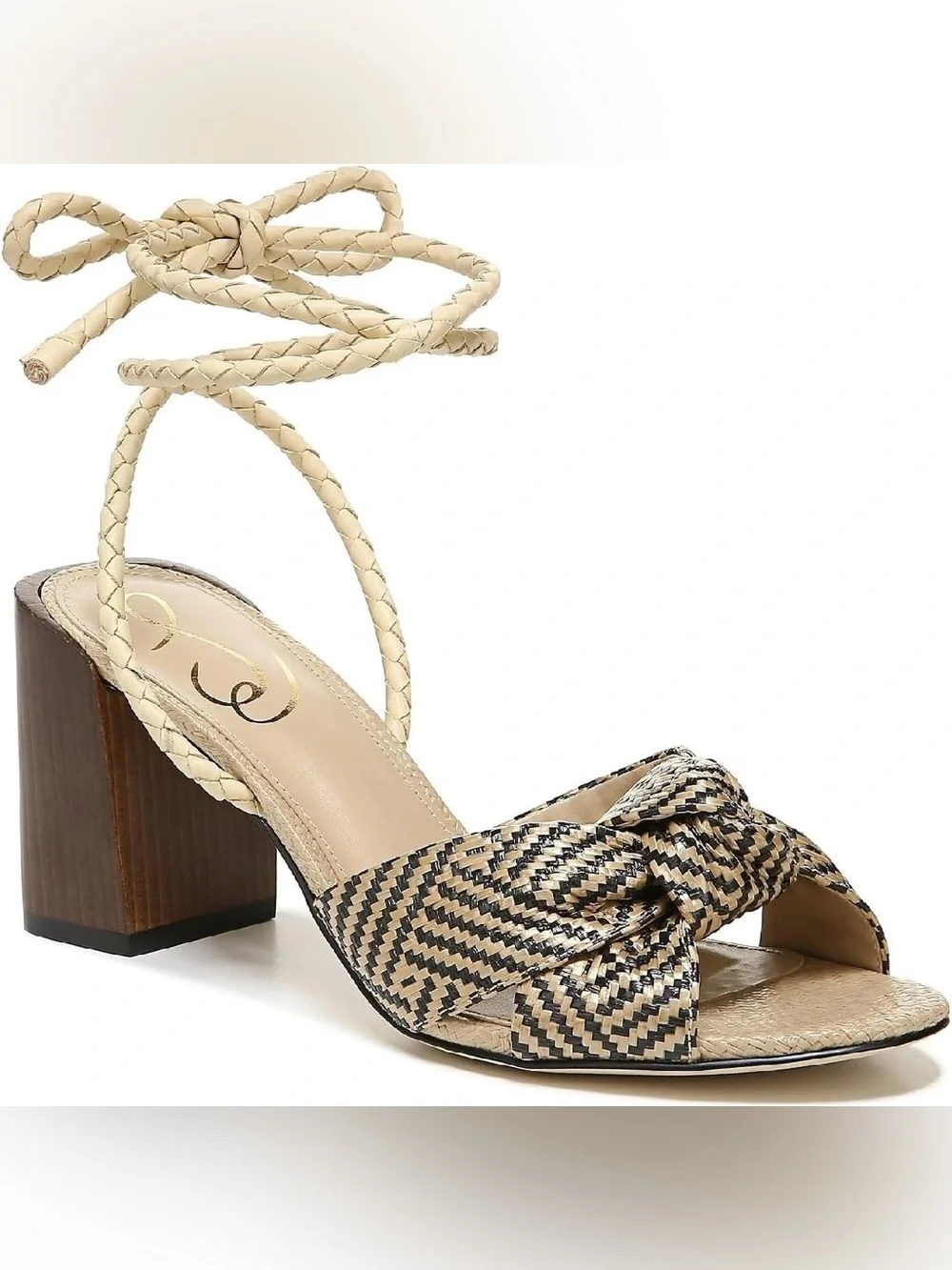 Sam Edelman Bodhi Braided Ankle-Tie Block Heel Sandals in Beige/Black - Picture 5 of 12